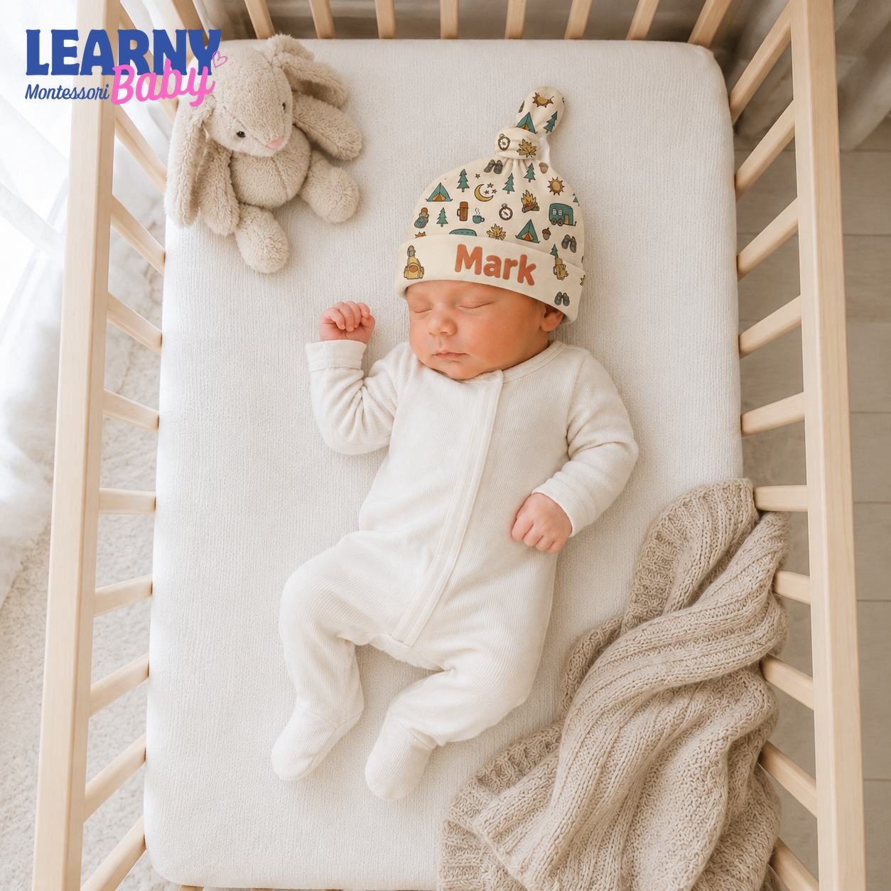 Personalized Camping Bamboo Baby Knotted Hat, Custom Name Newborn Beanie, Woodland Adventure Baby Boy Hat
