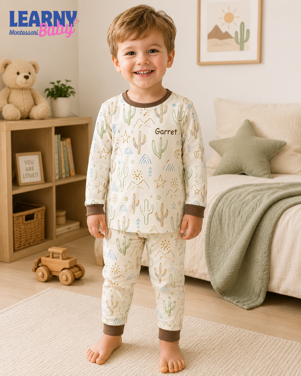 Personalized Cactus Bamboo Pajamas for Kids, Custom Name Southwestern Desert Short Sleeve and Long Pants Set