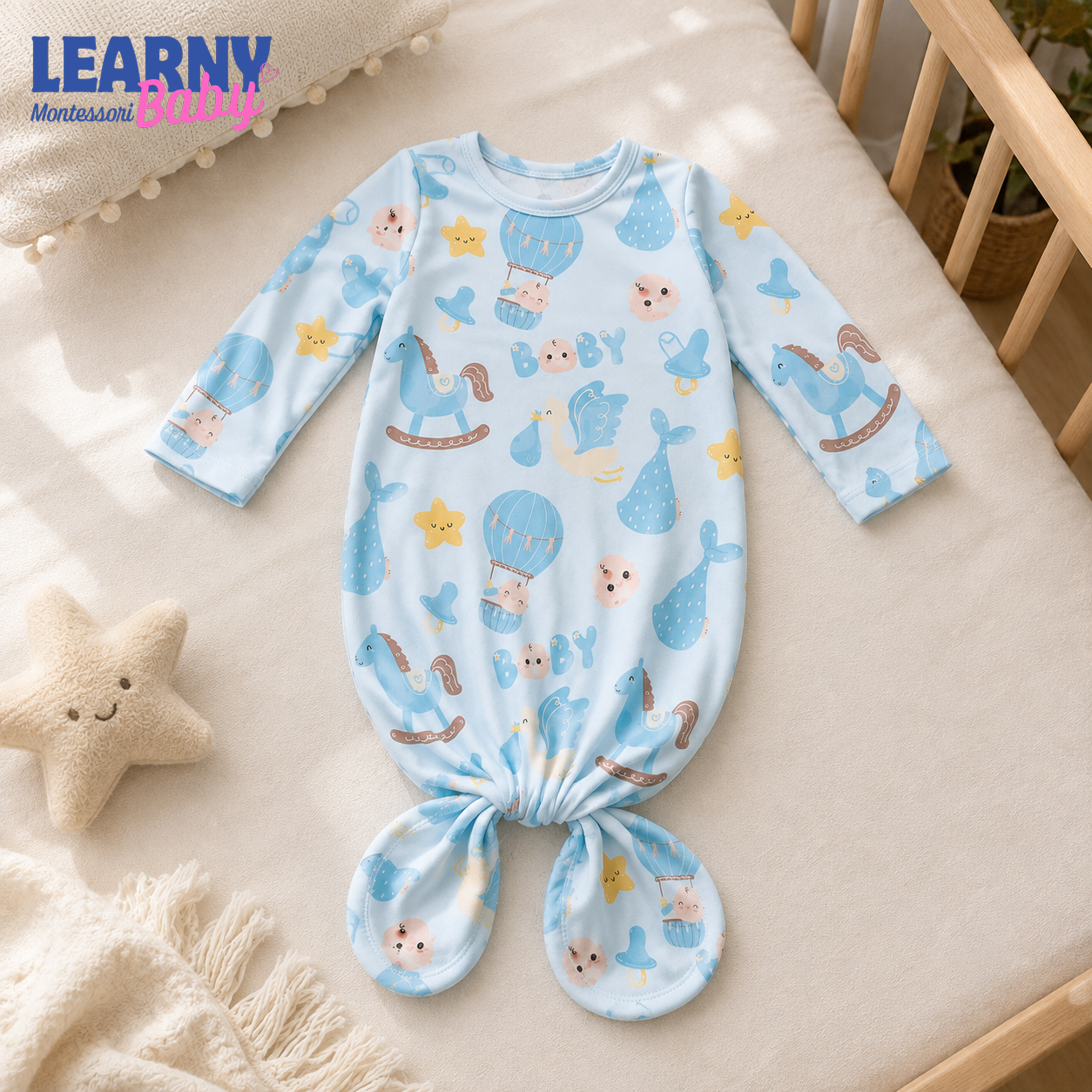 Newborn Baby Knotted Gown, Blue Nursery Toys Bamboo Sleeper, Baby Boy Coming Home Outfit