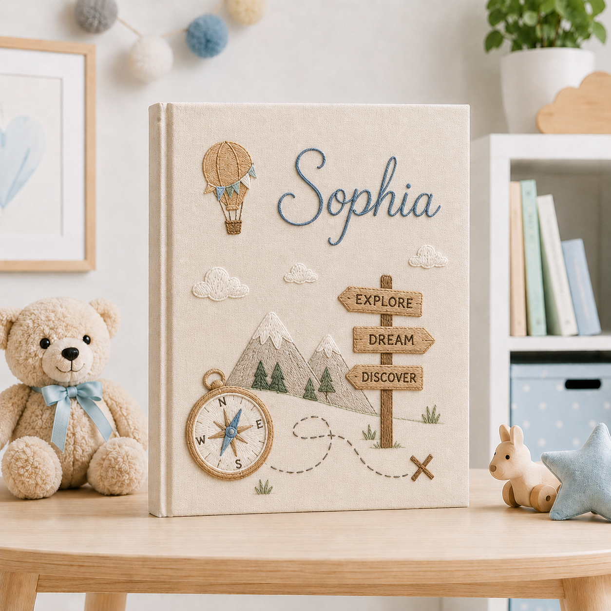 Custom Adventure Baby Photo Album, Personalized Hand Embroidered Keepsake Album with Sleeves, Travel Nursery Memory Book Gift EPLB15