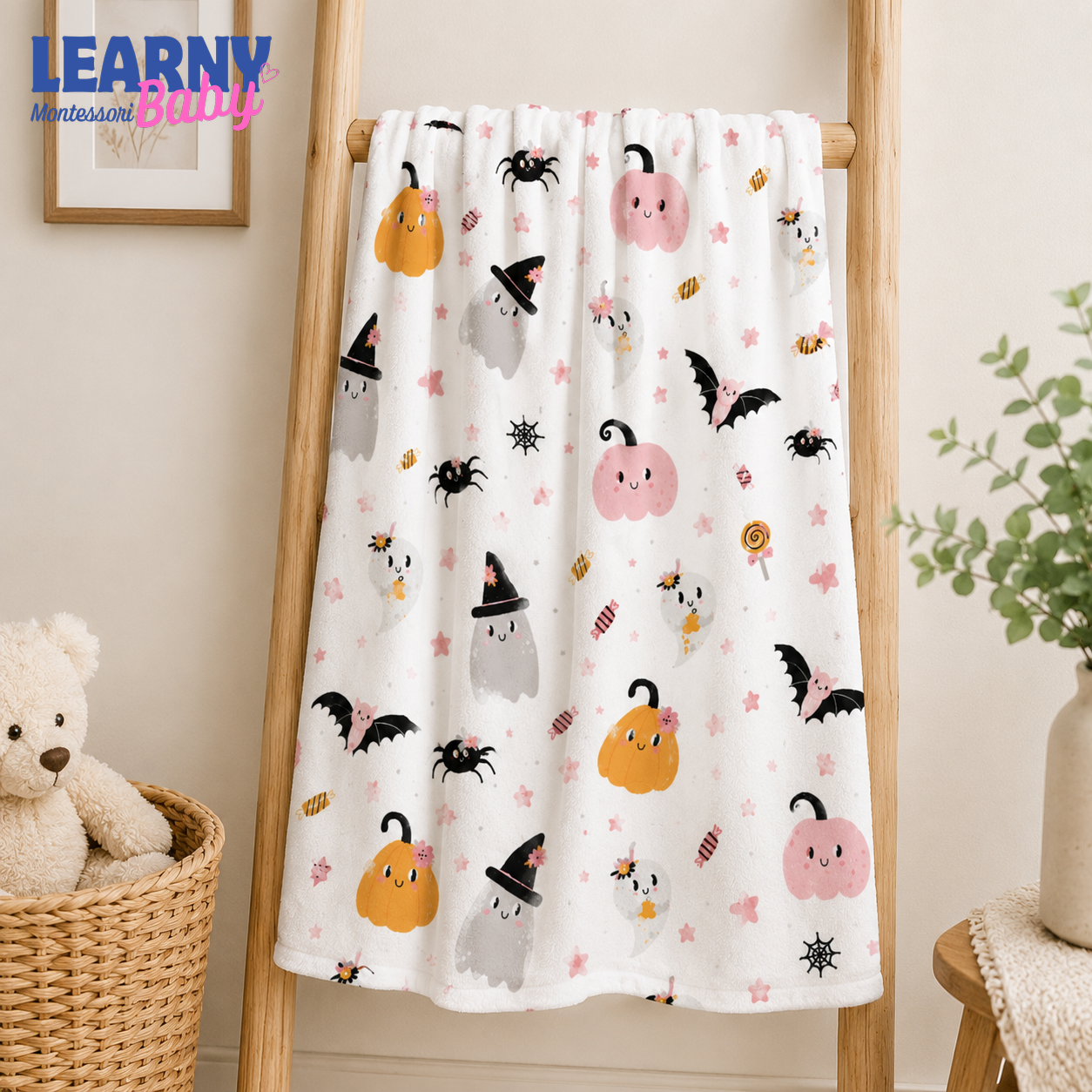 Cute Pink Halloween Bamboo Baby Blanket, Ghost Pumpkin Bat Nursery Throw, Soft Spooky Season Blanket for Kids