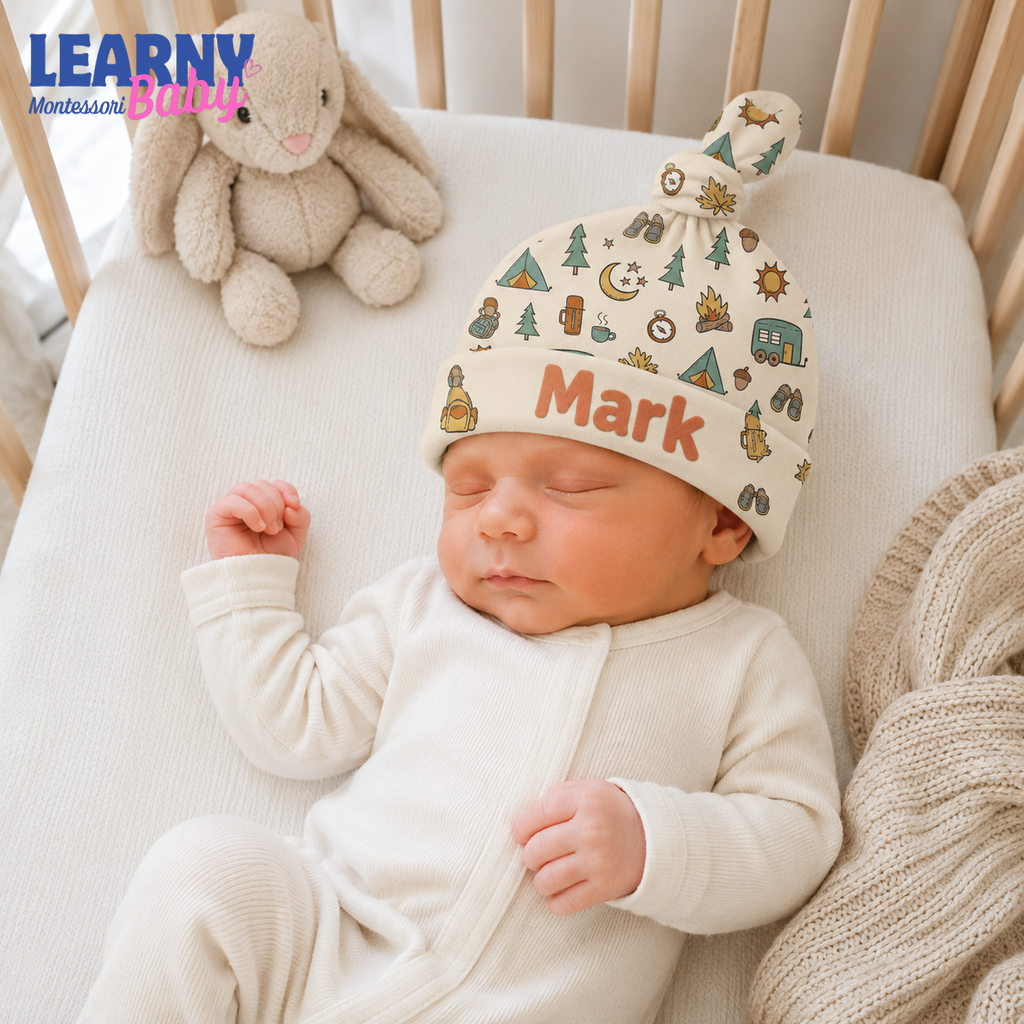 Personalized Camping Bamboo Baby Knotted Hat, Custom Name Newborn Beanie, Woodland Adventure Baby Boy Hat