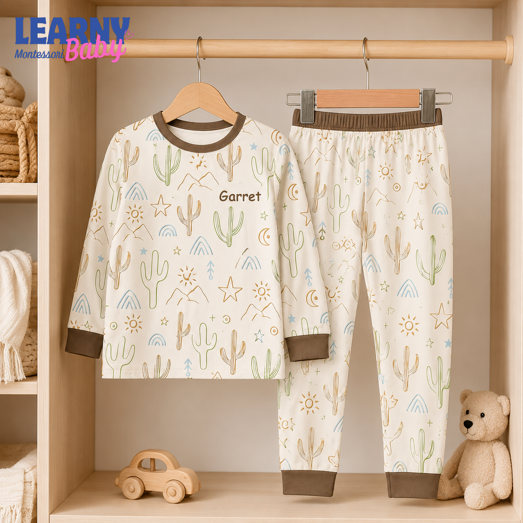 Personalized Cactus Bamboo Pajamas for Kids, Custom Name Southwestern Desert Short Sleeve and Long Pants Set