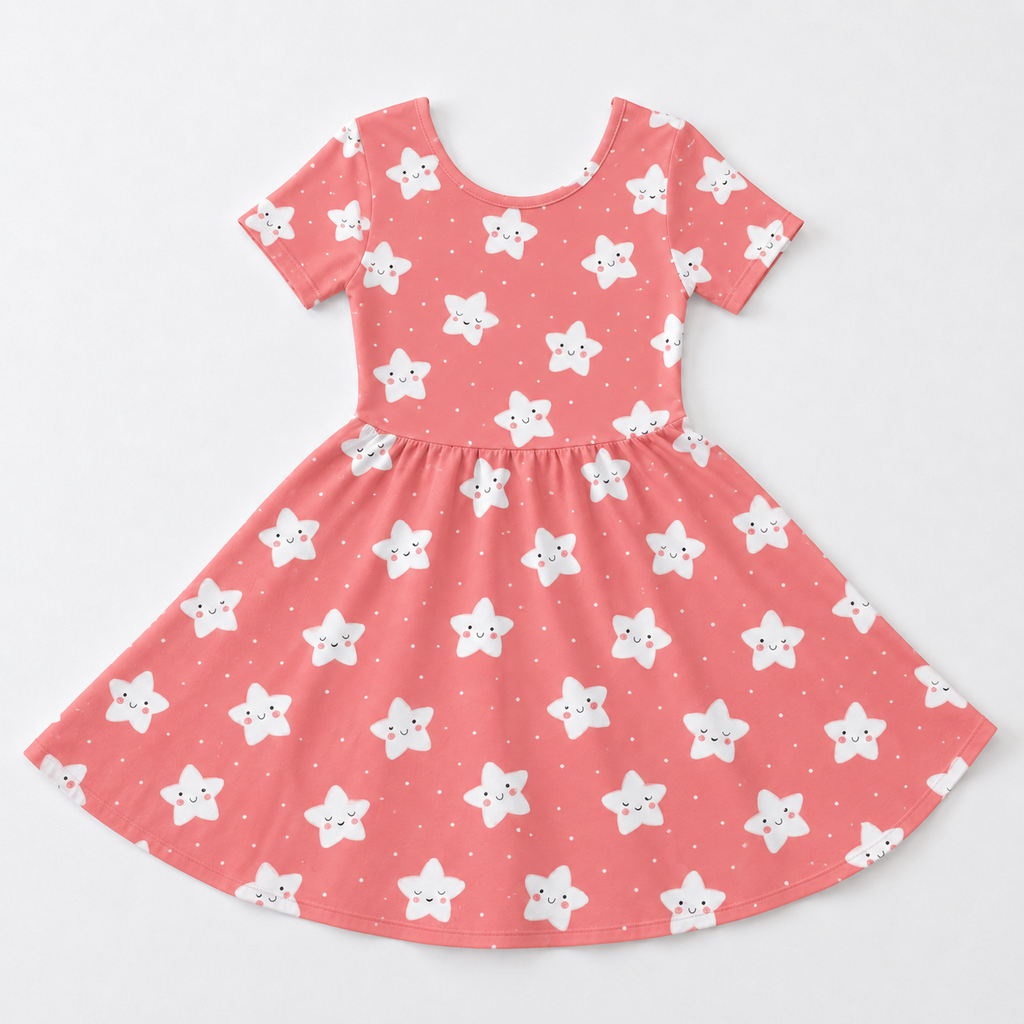 Sweet White Stars Bamboo Twirl Dress for Girls – Coral Pink Skater Dress