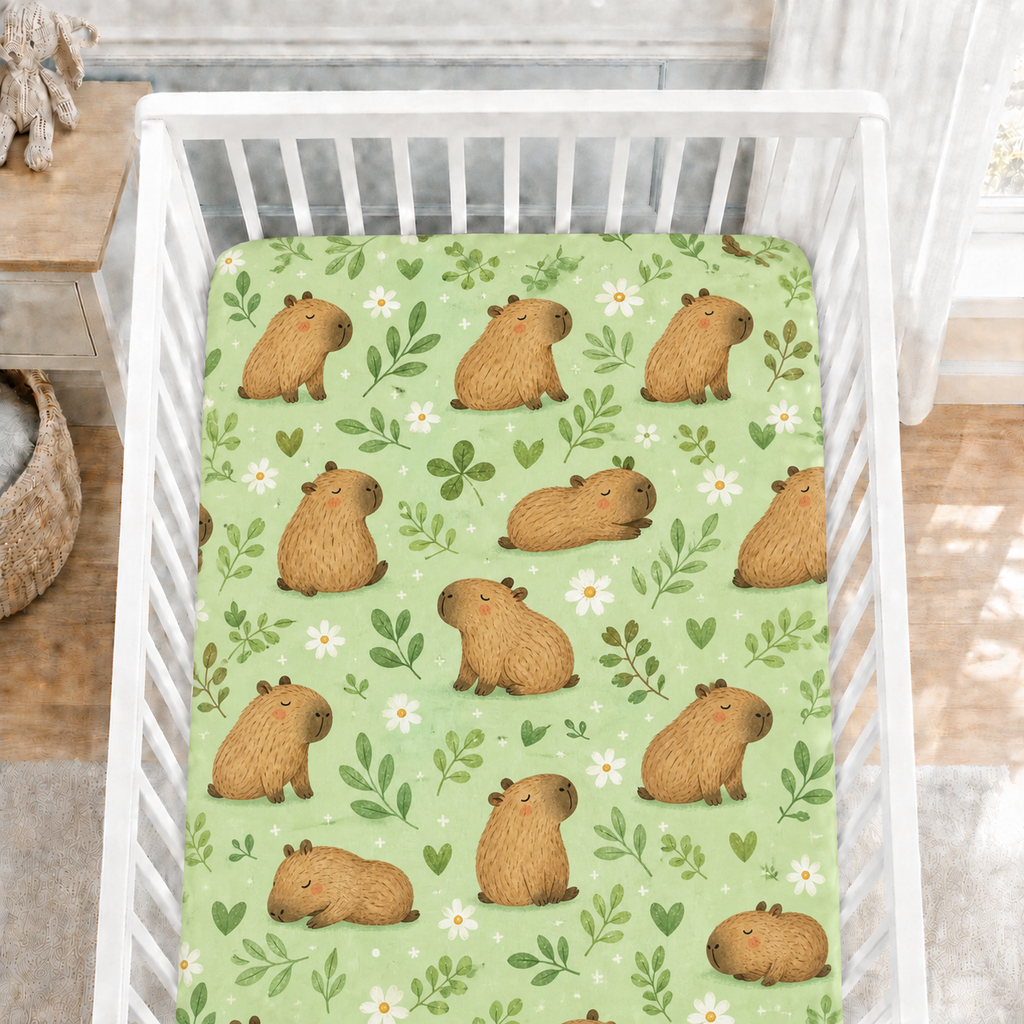 Cute Capybara Bamboo Fitted Crib Sheet – Green Animal Nursery Bedding