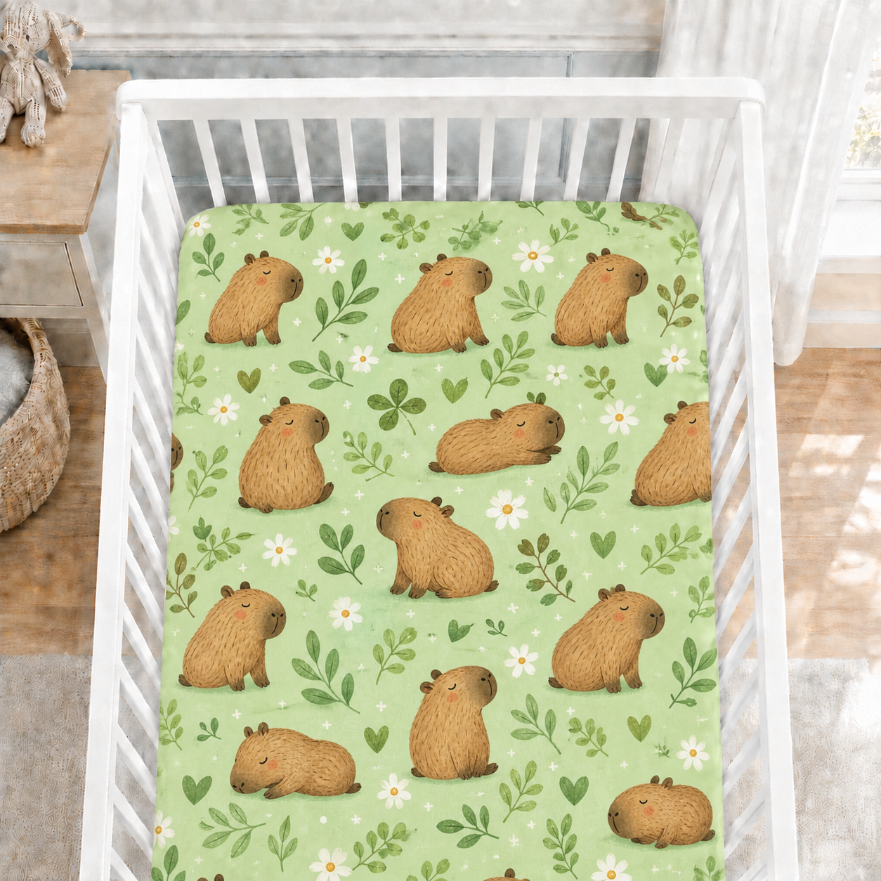 Cute Capybara Bamboo Fitted Crib Sheet – Green Animal Nursery Bedding