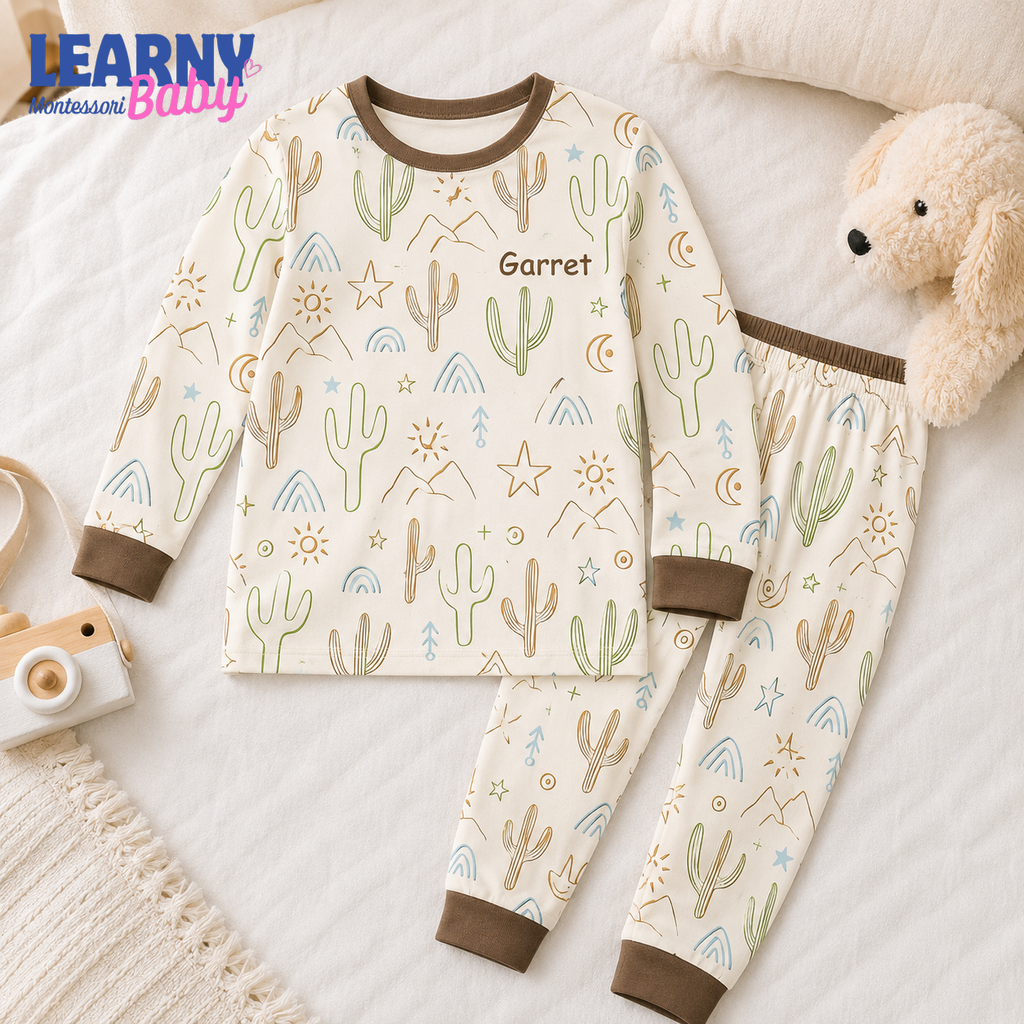 Personalized Cactus Bamboo Pajamas for Kids, Custom Name Southwestern Desert Short Sleeve and Long Pants Set