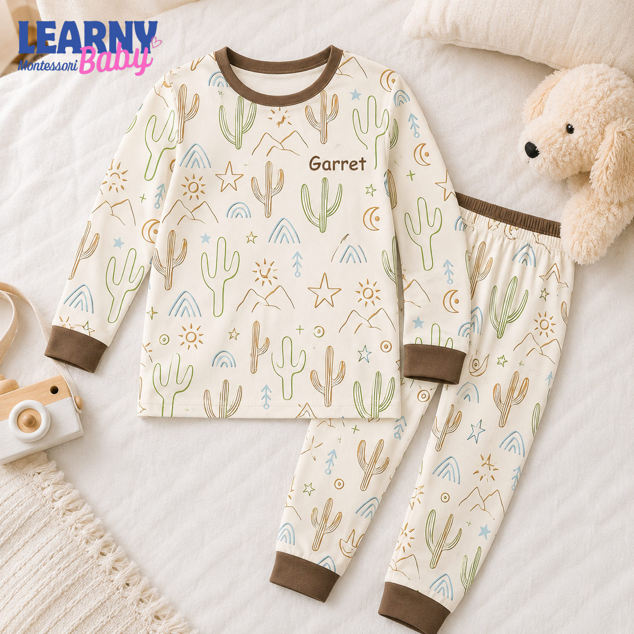 Personalized Cactus Bamboo Pajamas for Kids, Custom Name Southwestern Desert Short Sleeve and Long Pants Set