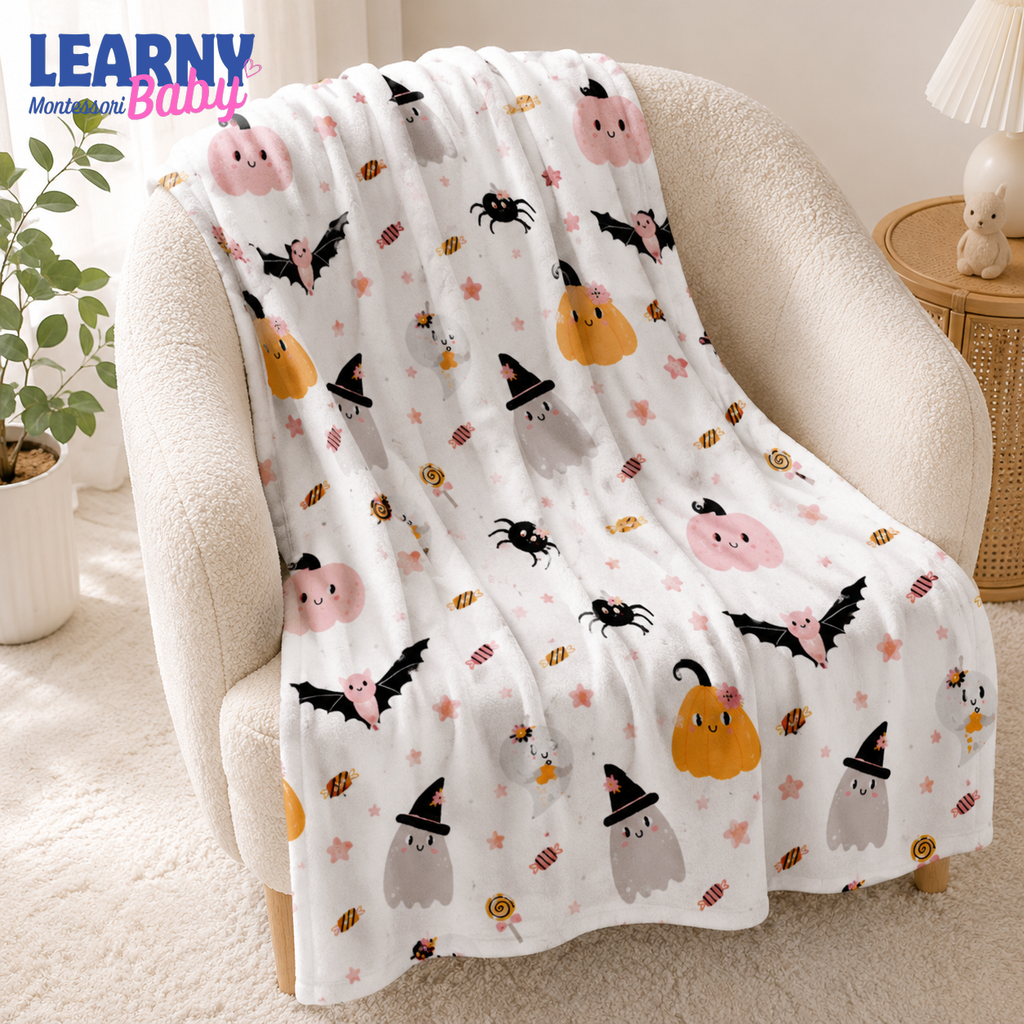 Cute Pink Halloween Bamboo Baby Blanket, Ghost Pumpkin Bat Nursery Throw, Soft Spooky Season Blanket for Kids