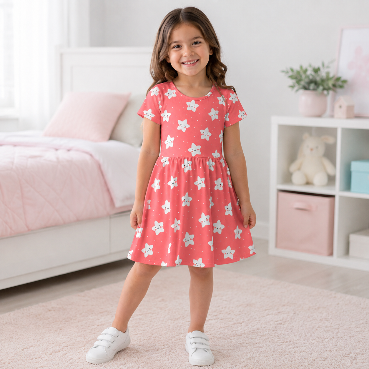 Sweet White Stars Bamboo Twirl Dress for Girls – Coral Pink Skater Dress