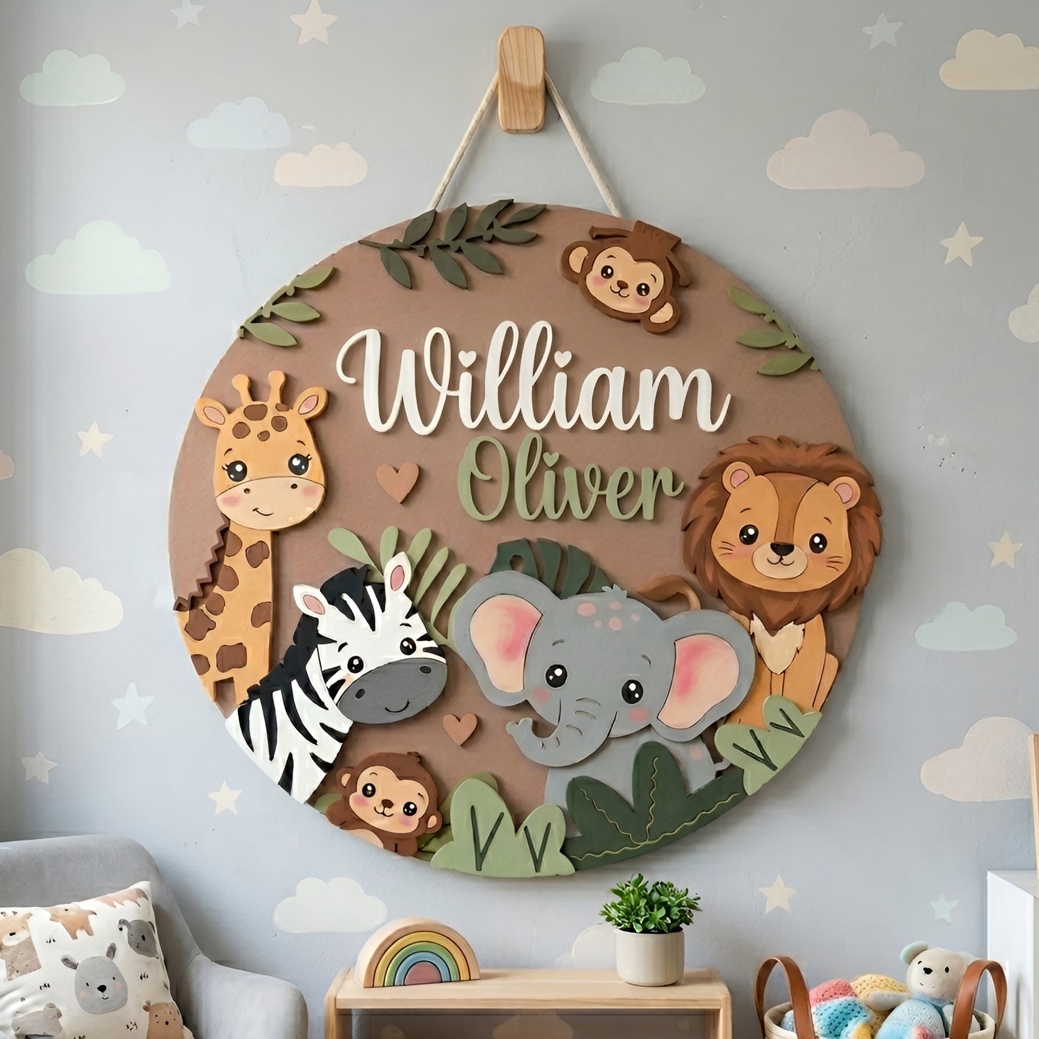Personalized Wooden Name Sign, Safari Nursery Wall Decor, Jungle Animals, Custom Kids Art