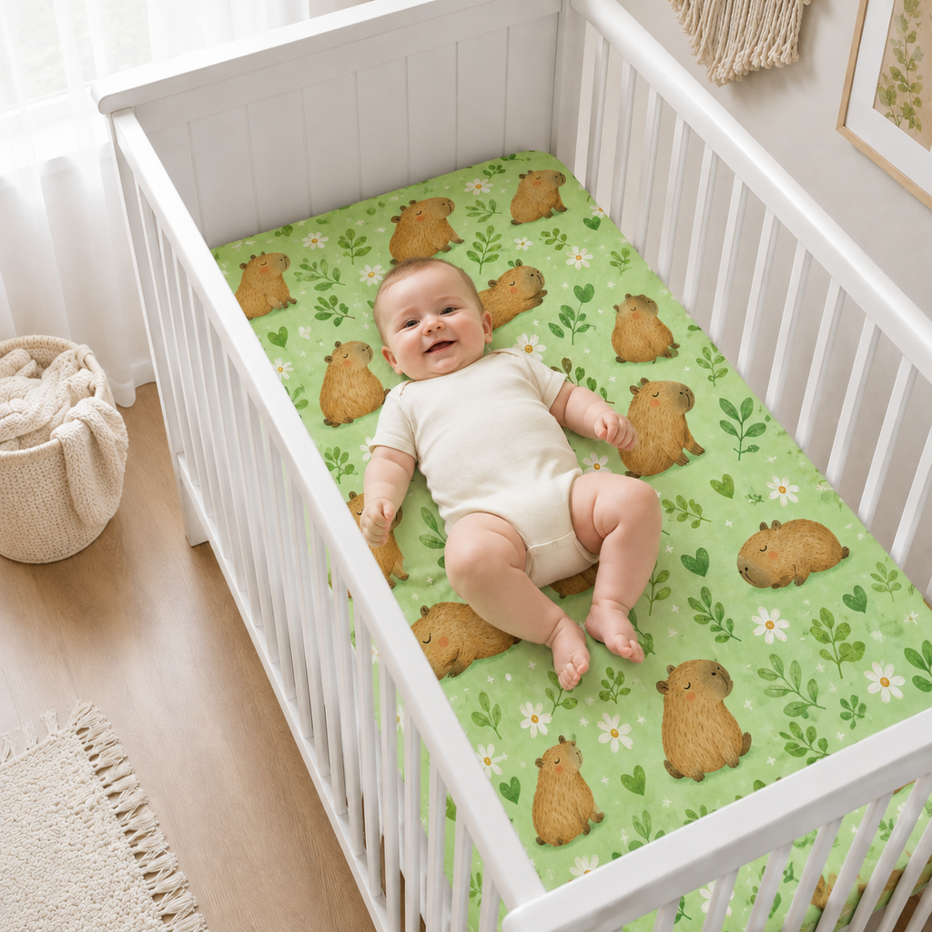 Cute Capybara Bamboo Fitted Crib Sheet – Green Animal Nursery Bedding