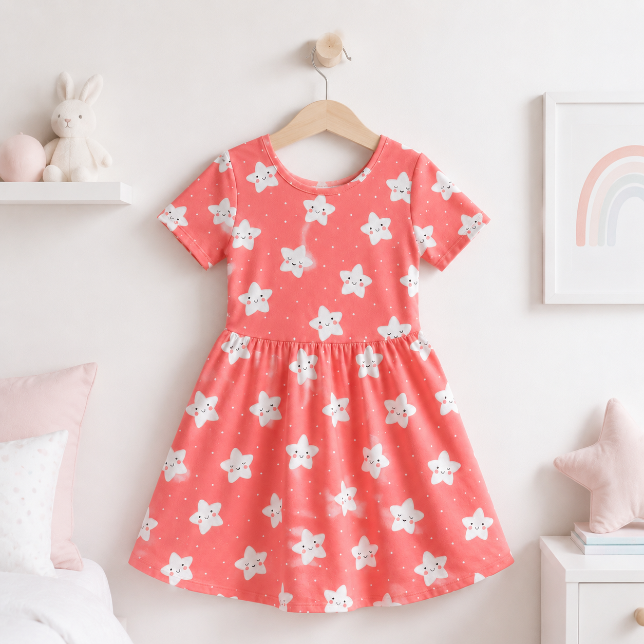 Sweet White Stars Bamboo Twirl Dress for Girls – Coral Pink Skater Dress