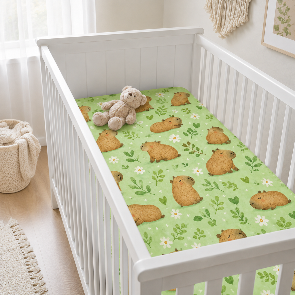 Cute Capybara Bamboo Fitted Crib Sheet – Green Animal Nursery Bedding