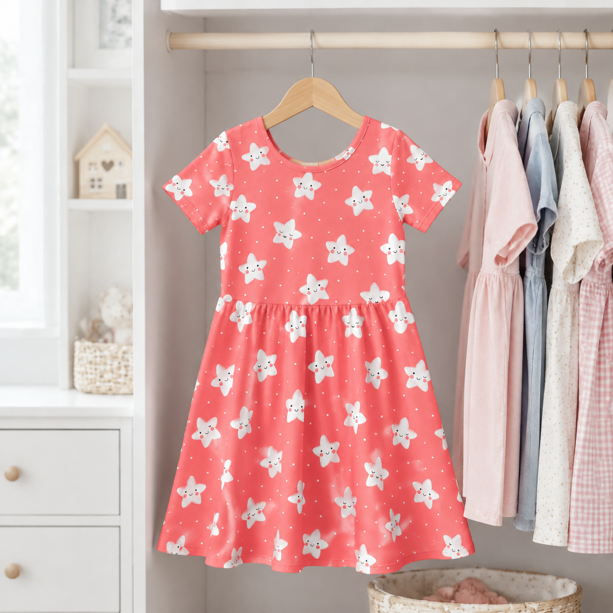 Sweet White Stars Bamboo Twirl Dress for Girls – Coral Pink Skater Dress