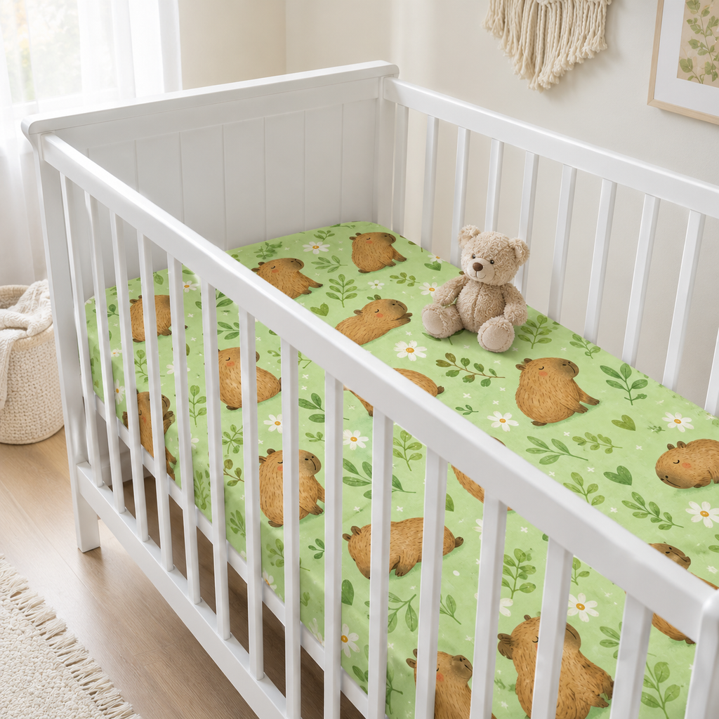 Cute Capybara Bamboo Fitted Crib Sheet – Green Animal Nursery Bedding
