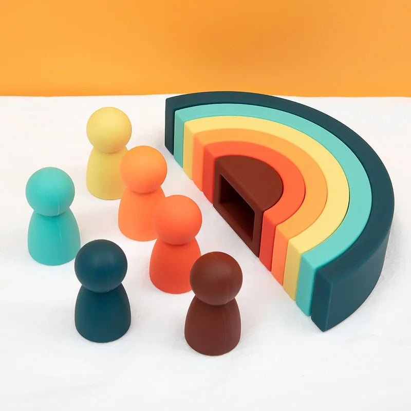 Silicone Geometric Rainbow Stacking Blocks Toy for Babies – BPA Free Montessori Building Blocks & Teether Baby Toy Gift