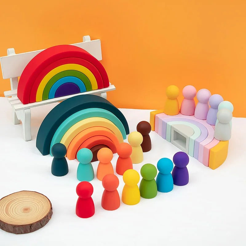 Silicone Geometric Rainbow Stacking Blocks Toy for Babies – BPA Free Montessori Building Blocks & Teether Baby Toy Gift