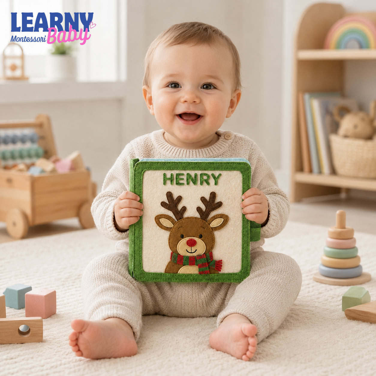 Personalized Christmas Reindeer Quiet Book for Toddlers, Custom Name Felt Activity Book, First Christmas Gift for Baby