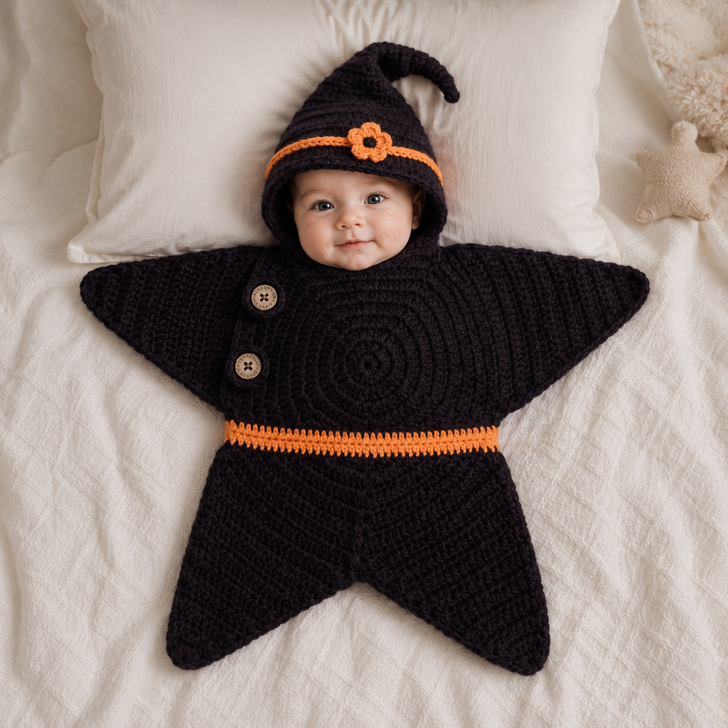 Personalized Crochet Star Baby Cocoon with Hood – Handmade Newborn Swaddle Wrap & Cozy Baby Sleep Sack