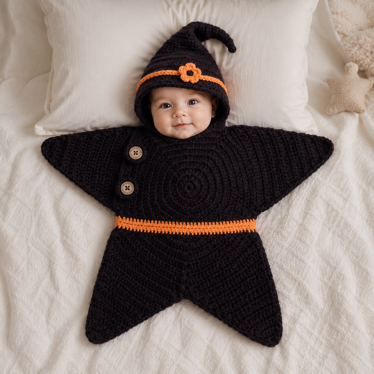 Personalized Crochet Star Baby Cocoon with Hood – Handmade Newborn Swaddle Wrap & Cozy Baby Sleep Sack
