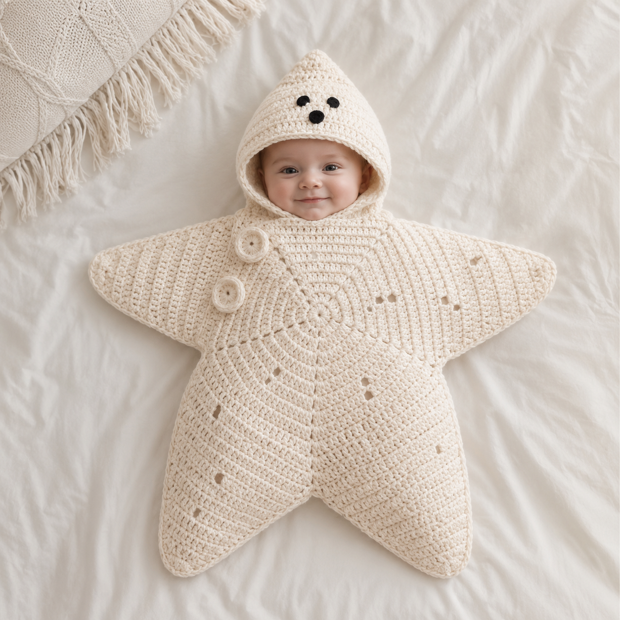 Personalized Crochet Star Baby Cocoon with Hood – Handmade Newborn Swaddle Wrap & Cozy Baby Sleep Sack