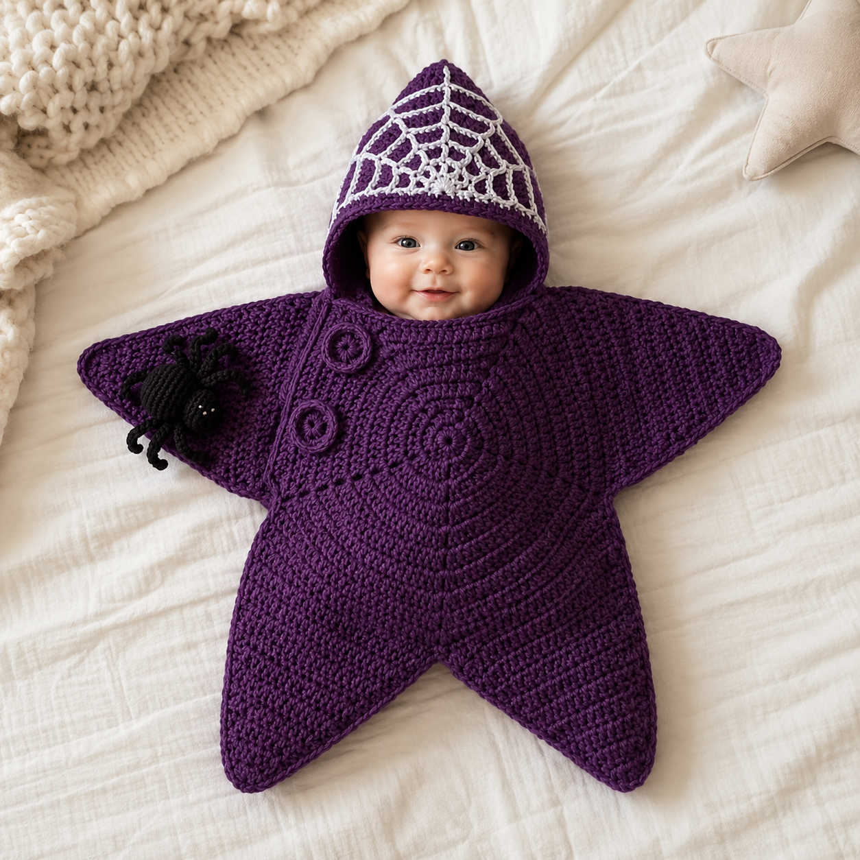 Personalized Crochet Star Baby Cocoon with Hood – Handmade Newborn Swaddle Wrap & Cozy Baby Sleep Sack