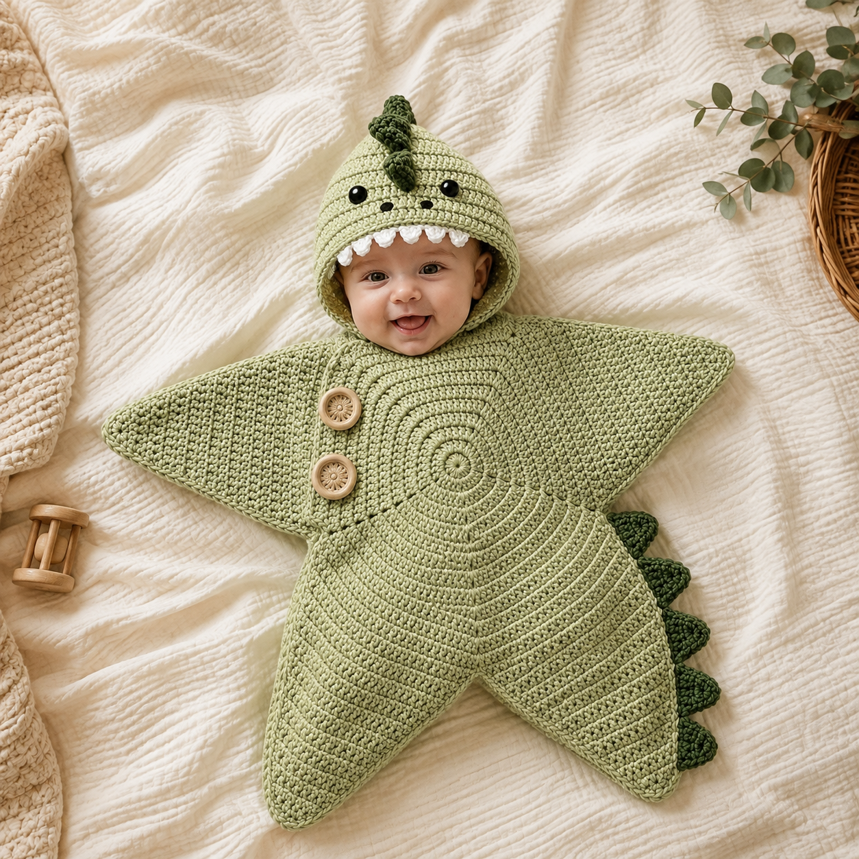 Personalized Crochet Dinosaur Baby Cocoon with Hood, Custom Name Newborn Swaddle, Baby Shower Gift