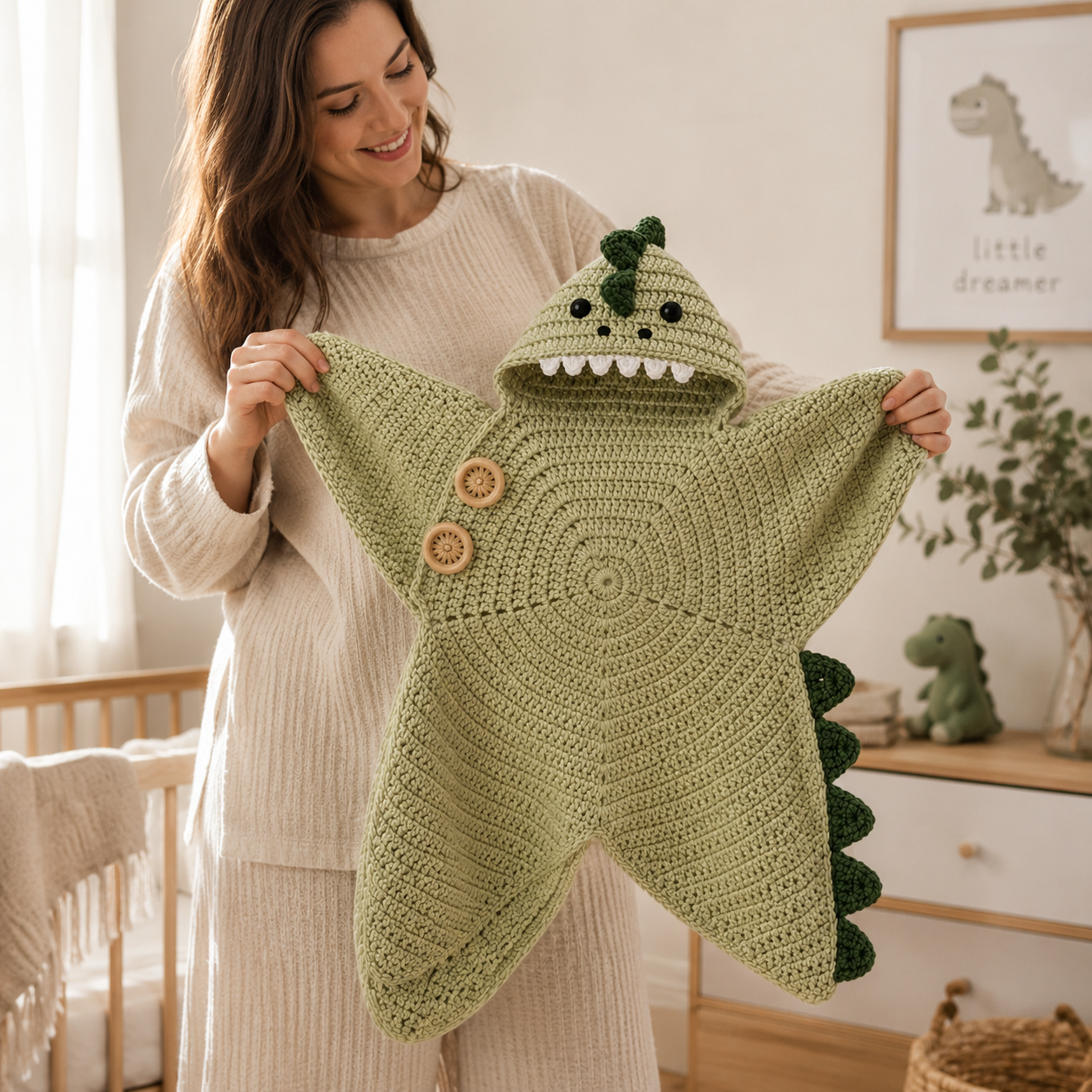 Personalized Crochet Dinosaur Baby Cocoon with Hood, Custom Name Newborn Swaddle, Baby Shower Gift