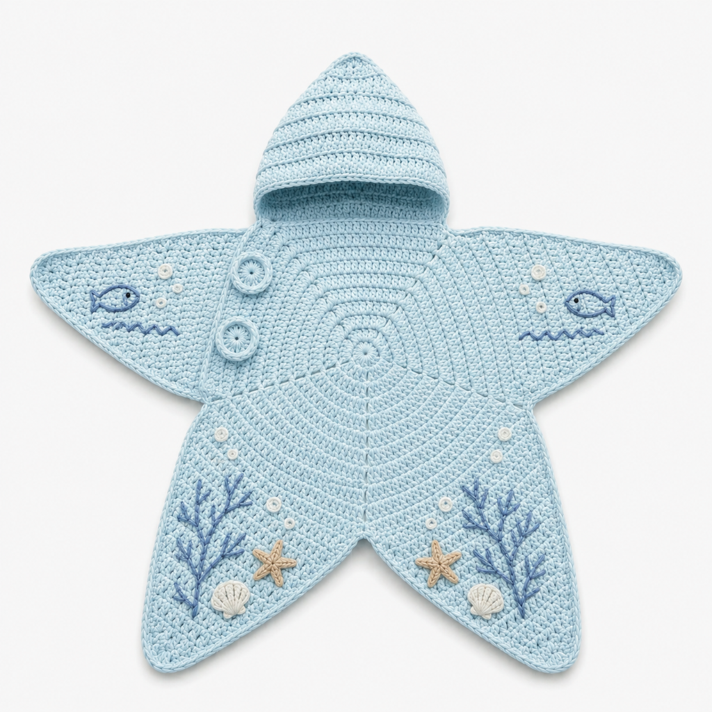 Crochet Star Baby Cocoon – Handmade Sea Theme Hooded Baby Wrap with Dolphin & Coral Design