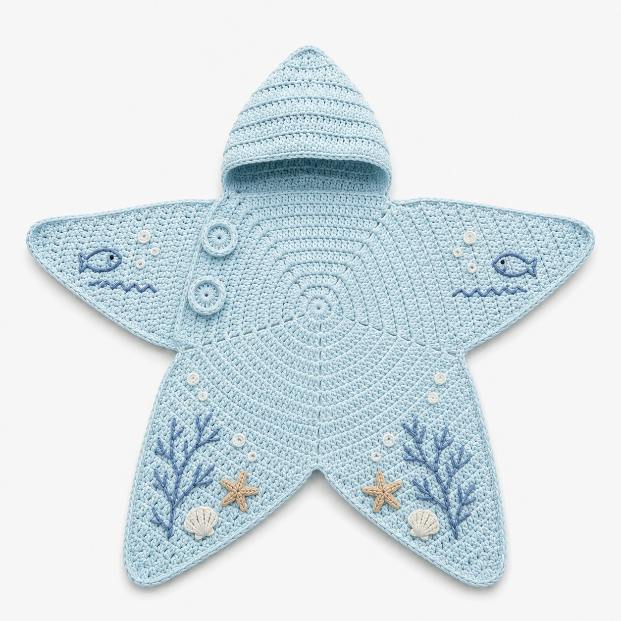 Crochet Star Baby Cocoon – Handmade Sea Theme Hooded Baby Wrap with Dolphin & Coral Design
