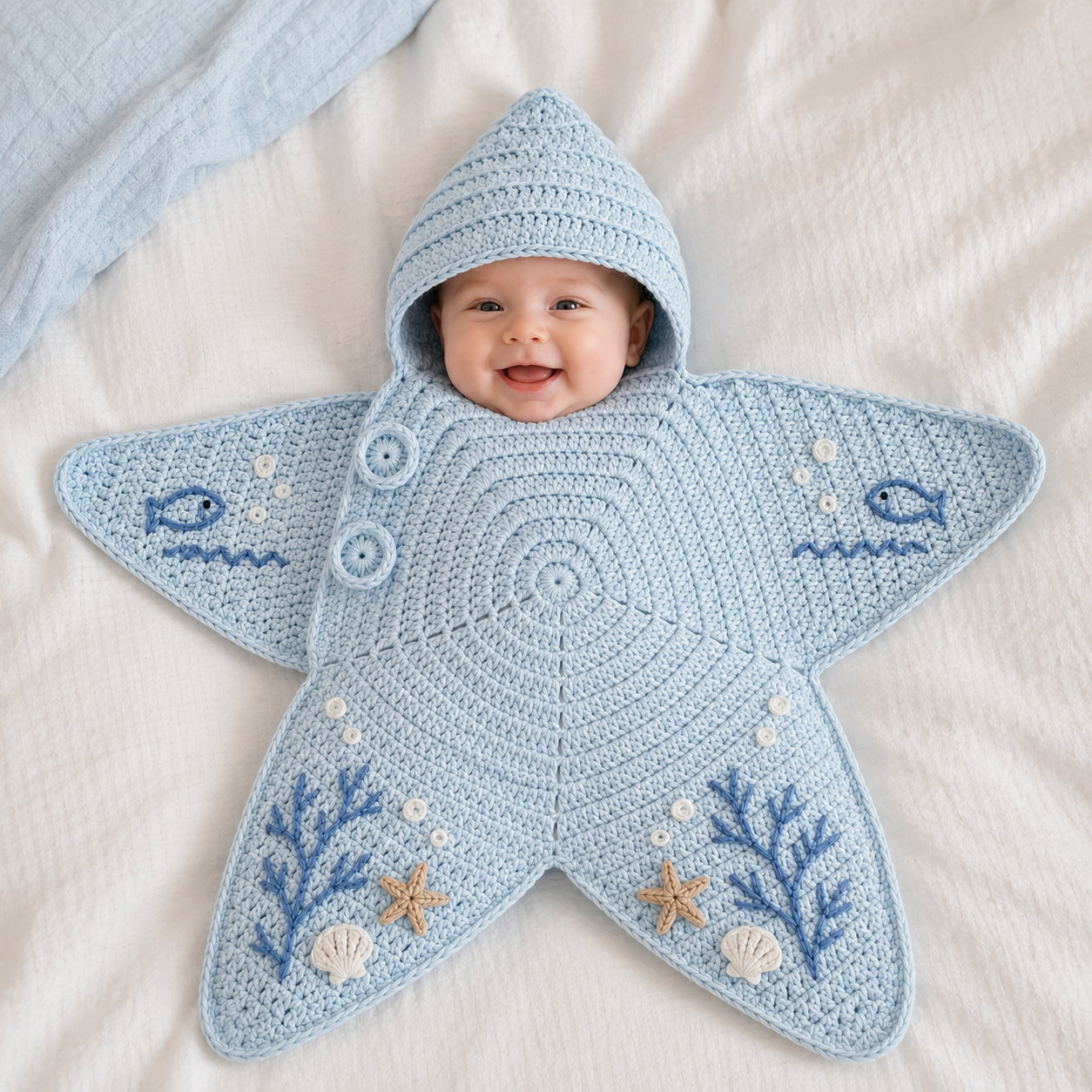 Crochet Star Baby Cocoon – Handmade Sea Theme Hooded Baby Wrap with Dolphin & Coral Design