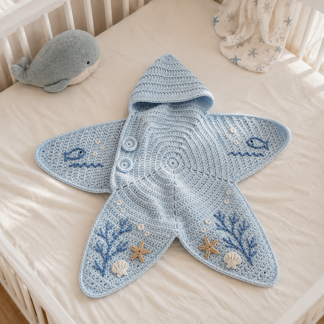 Crochet Star Baby Cocoon – Handmade Sea Theme Hooded Baby Wrap with Dolphin & Coral Design