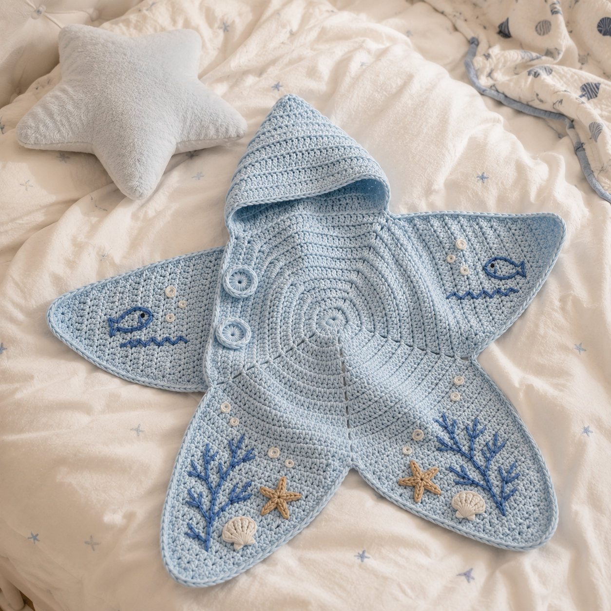 Crochet Star Baby Cocoon – Handmade Sea Theme Hooded Baby Wrap with Dolphin & Coral Design