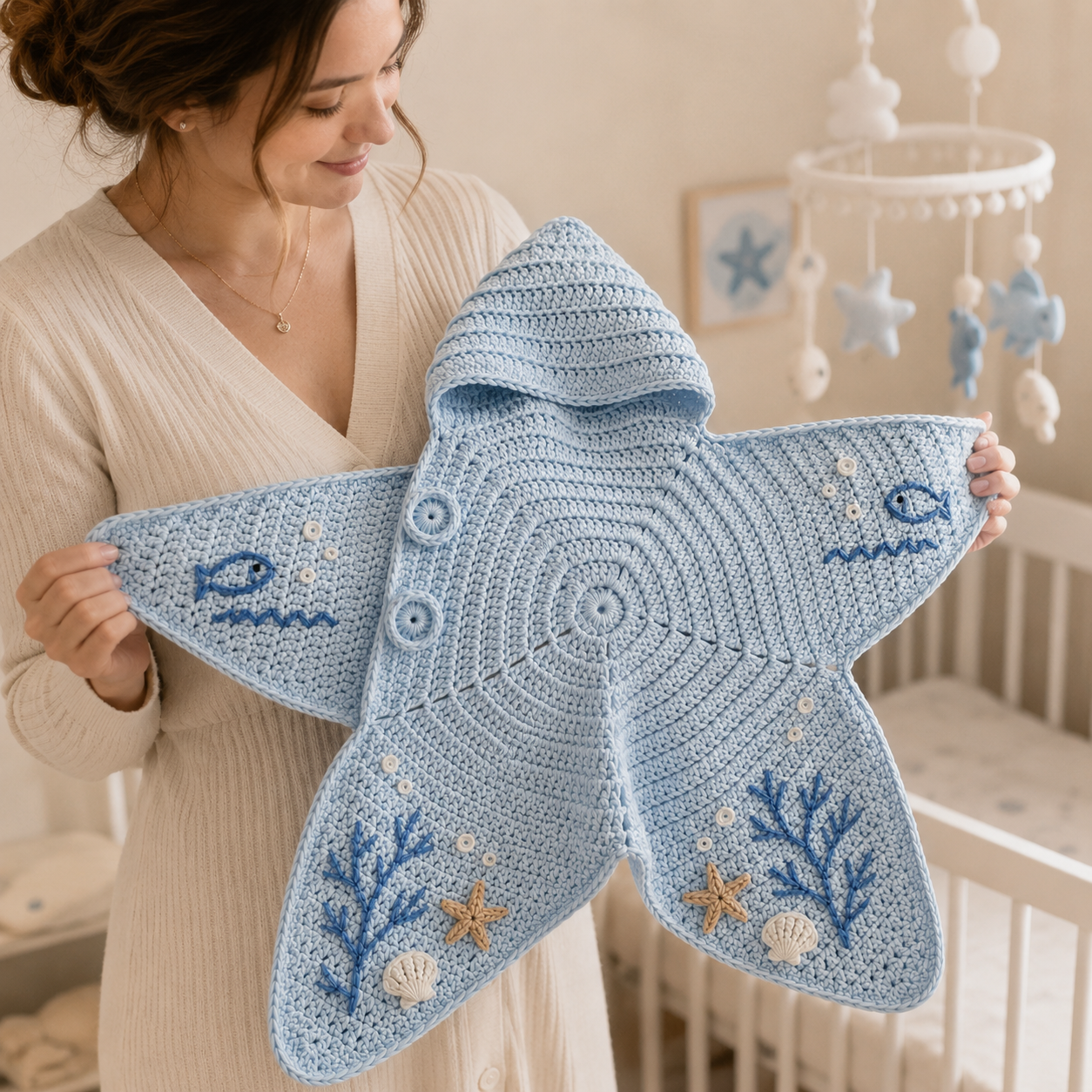 Crochet Star Baby Cocoon – Handmade Sea Theme Hooded Baby Wrap with Dolphin & Coral Design