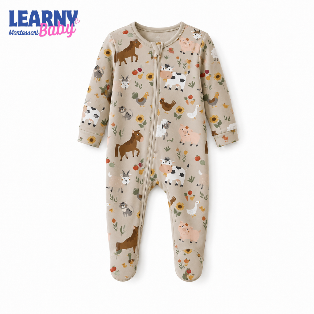 Farm Animals Baby Bamboo Footie Zippy Pajamas, Farm Print Newborn Sleeper, Soft Bamboo Baby One Piece, Unisex Infant Sleepwear