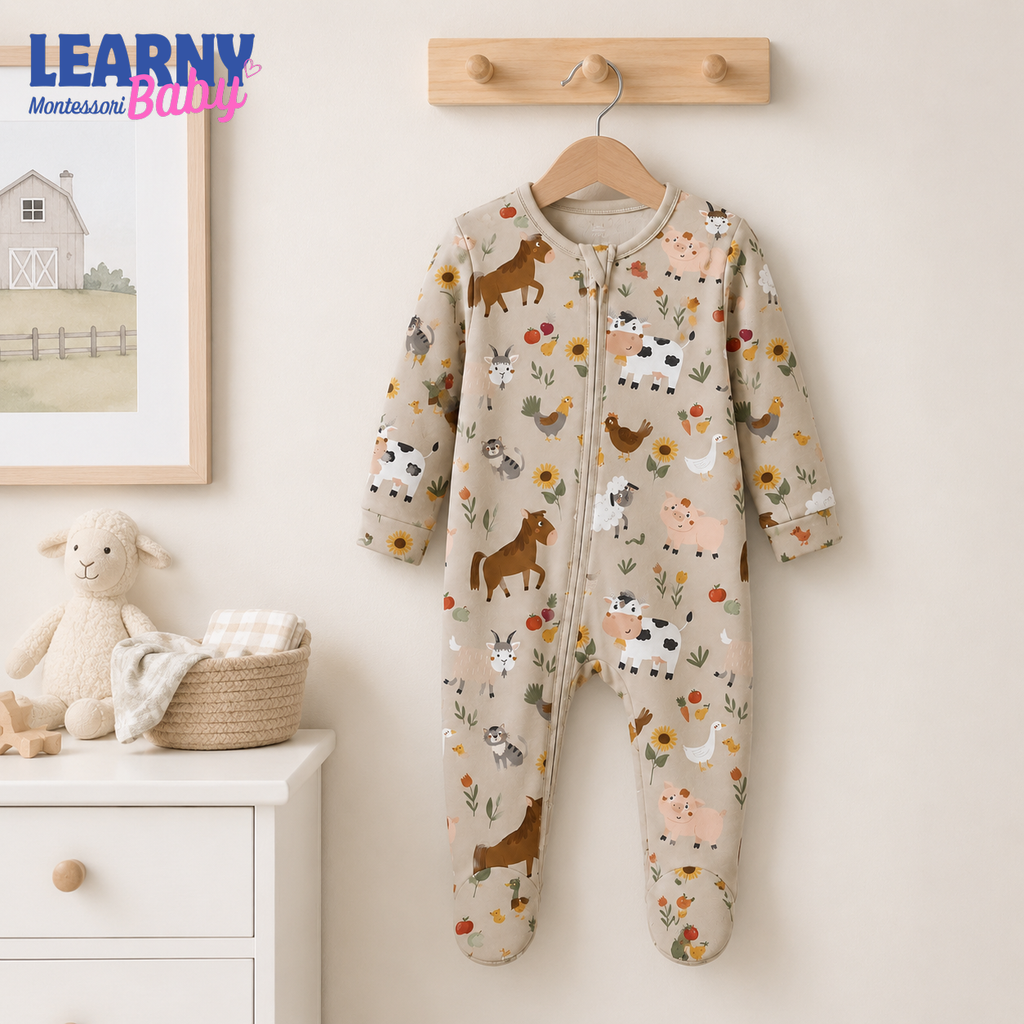 Farm Animals Baby Bamboo Footie Zippy Pajamas, Farm Print Newborn Sleeper, Soft Bamboo Baby One Piece, Unisex Infant Sleepwear