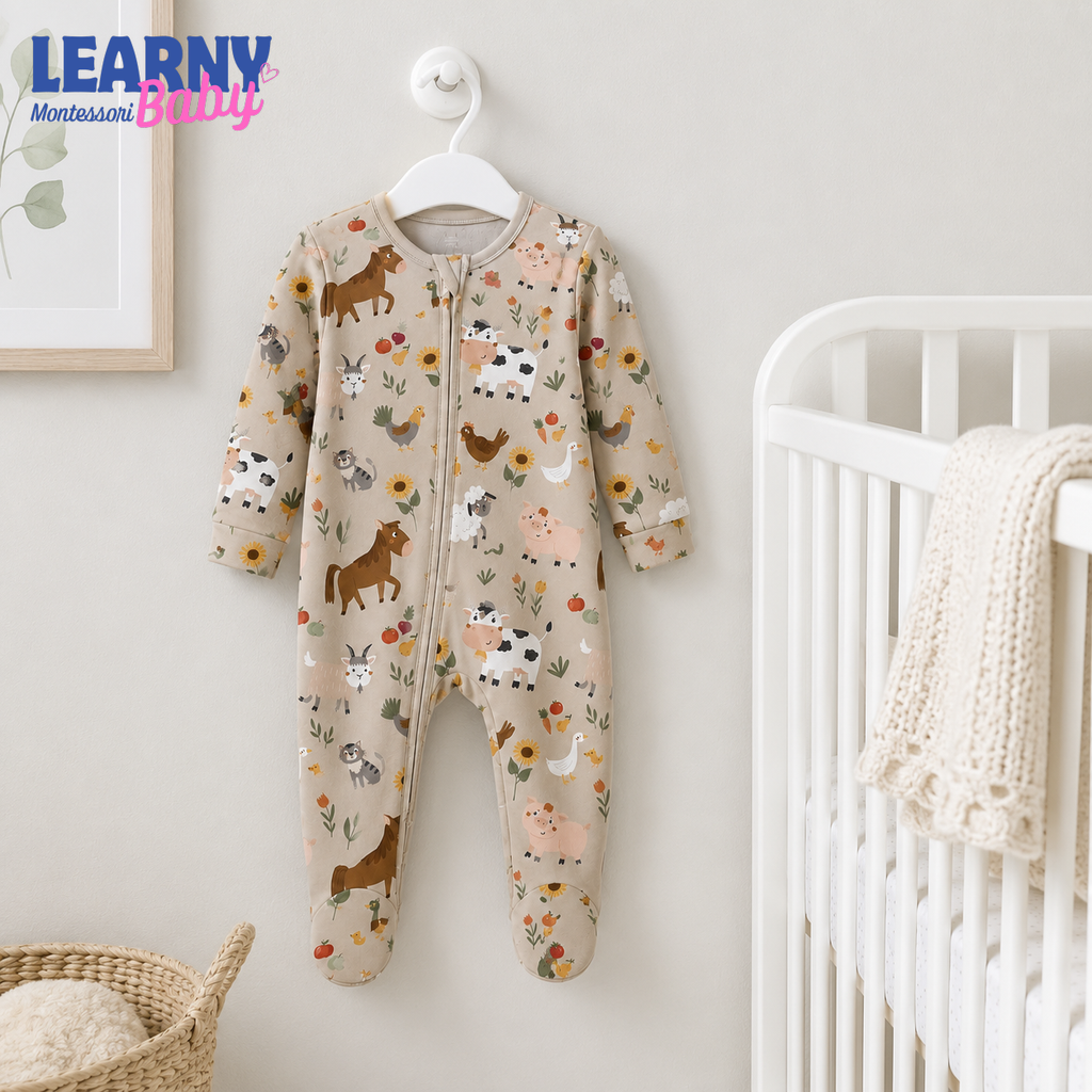 Farm Animals Baby Bamboo Footie Zippy Pajamas, Farm Print Newborn Sleeper, Soft Bamboo Baby One Piece, Unisex Infant Sleepwear