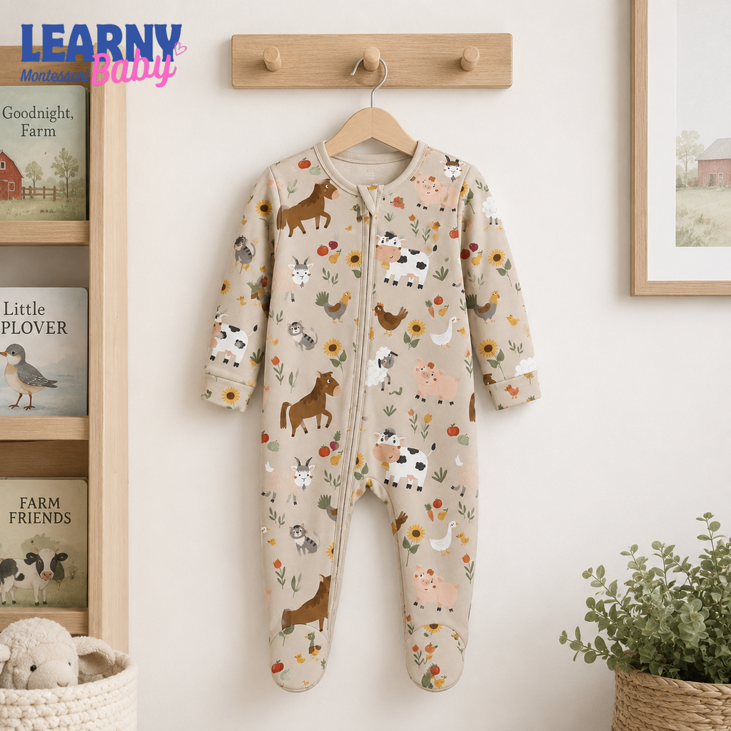 Farm Animals Baby Bamboo Footie Zippy Pajamas, Farm Print Newborn Sleeper, Soft Bamboo Baby One Piece, Unisex Infant Sleepwear