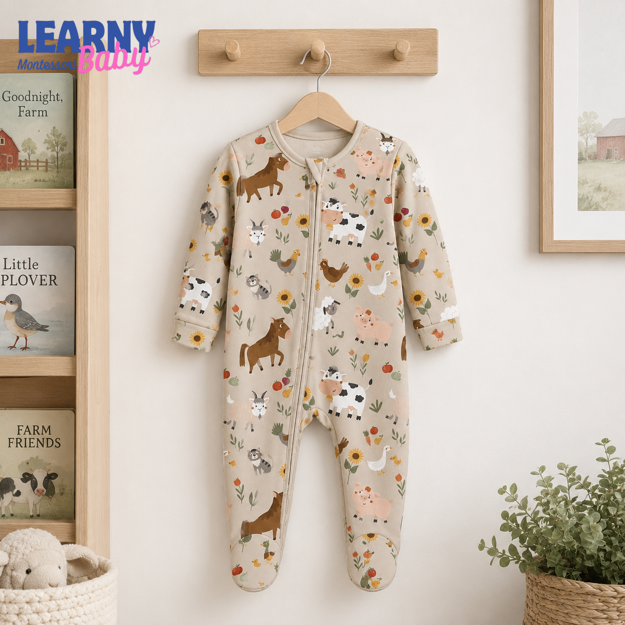Farm Animals Baby Bamboo Footie Zippy Pajamas, Farm Print Newborn Sleeper, Soft Bamboo Baby One Piece, Unisex Infant Sleepwear