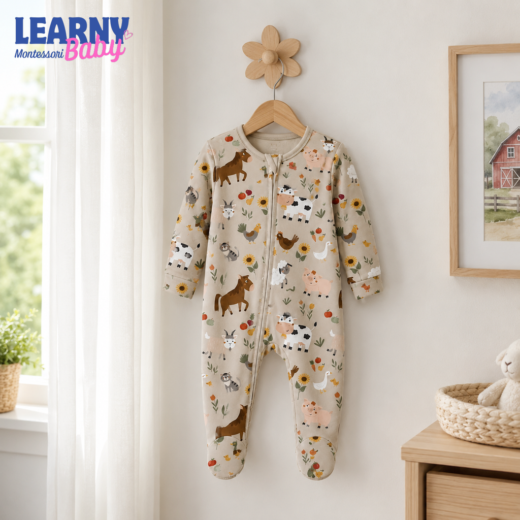 Farm Animals Baby Bamboo Footie Zippy Pajamas, Farm Print Newborn Sleeper, Soft Bamboo Baby One Piece, Unisex Infant Sleepwear