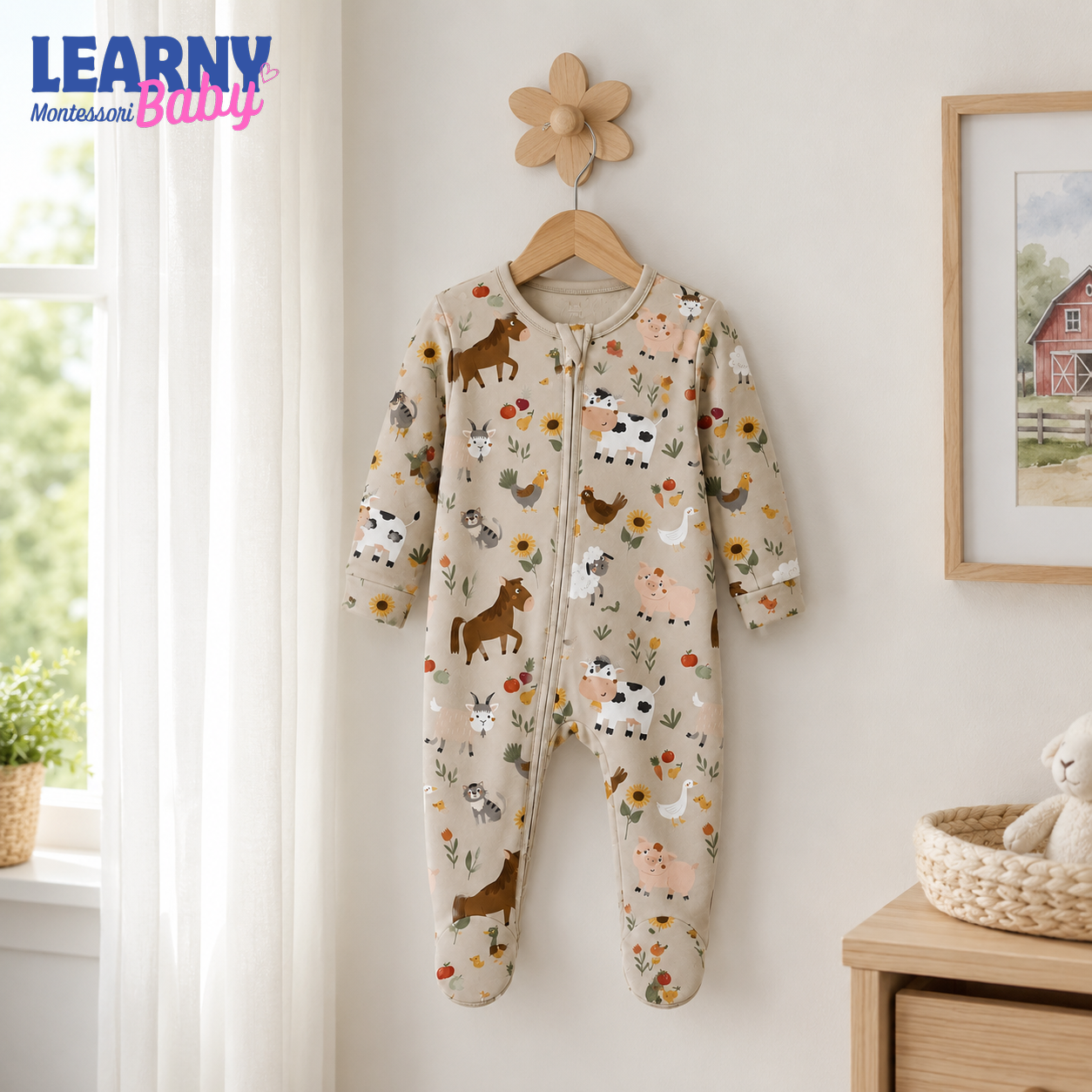 Farm Animals Baby Bamboo Footie Zippy Pajamas, Farm Print Newborn Sleeper, Soft Bamboo Baby One Piece, Unisex Infant Sleepwear