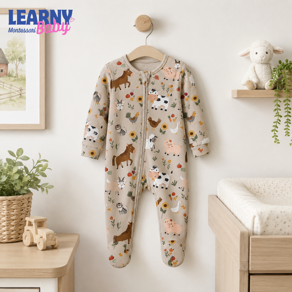 Farm Animals Baby Bamboo Footie Zippy Pajamas, Farm Print Newborn Sleeper, Soft Bamboo Baby One Piece, Unisex Infant Sleepwear