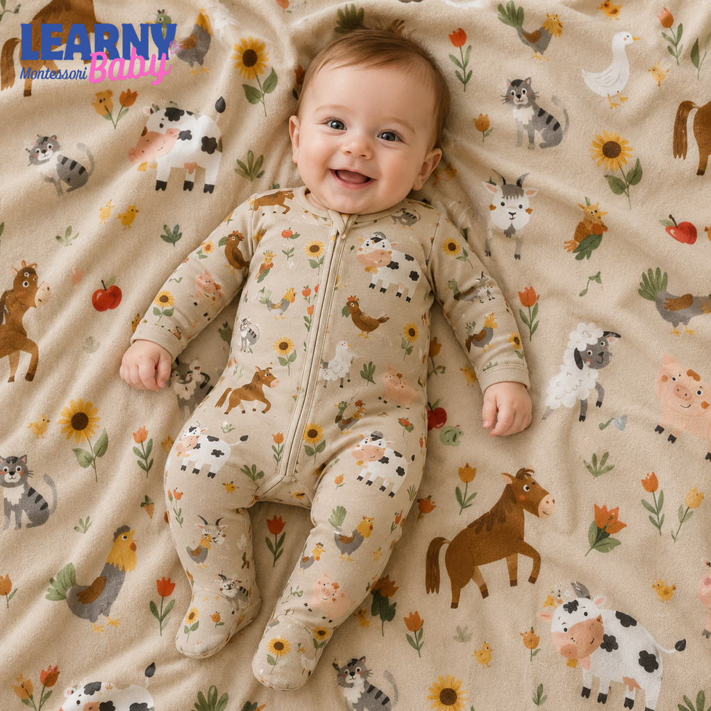 Farm Animals Baby Bamboo Footie Zippy Pajamas, Farm Print Newborn Sleeper, Soft Bamboo Baby One Piece, Unisex Infant Sleepwear
