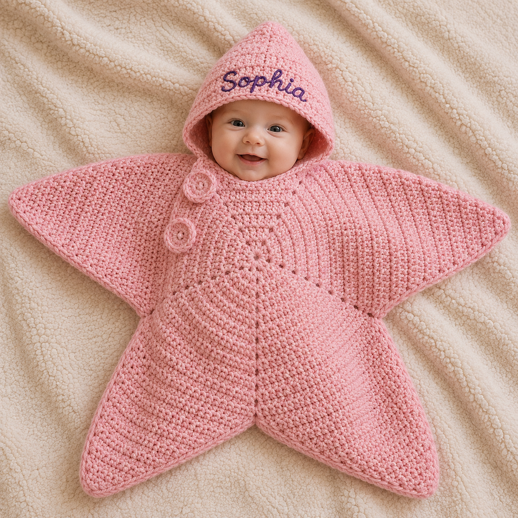 Personalized Crochet Star Baby Cocoon with Hood, Custom Name Newborn Swaddle, Baby Shower Gift