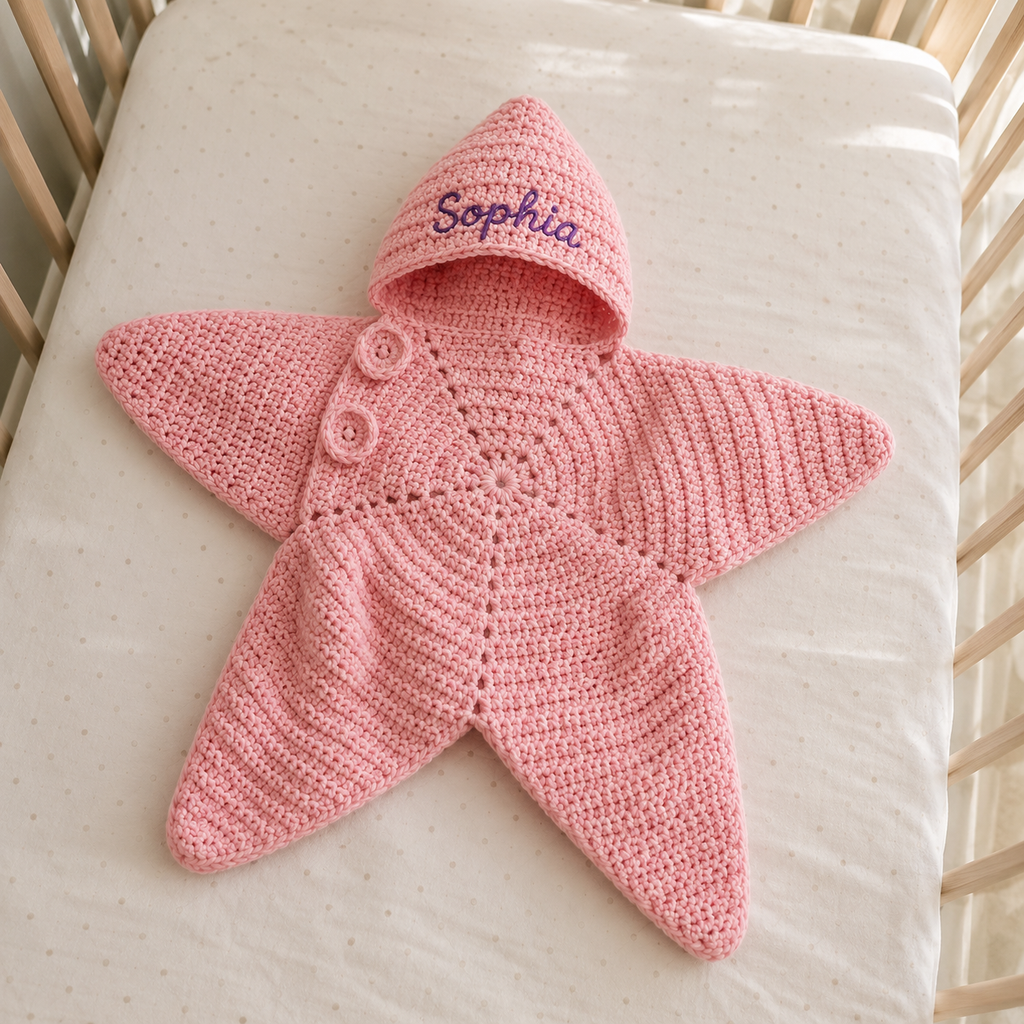 Personalized Crochet Star Baby Cocoon with Hood, Custom Name Newborn Swaddle, Baby Shower Gift