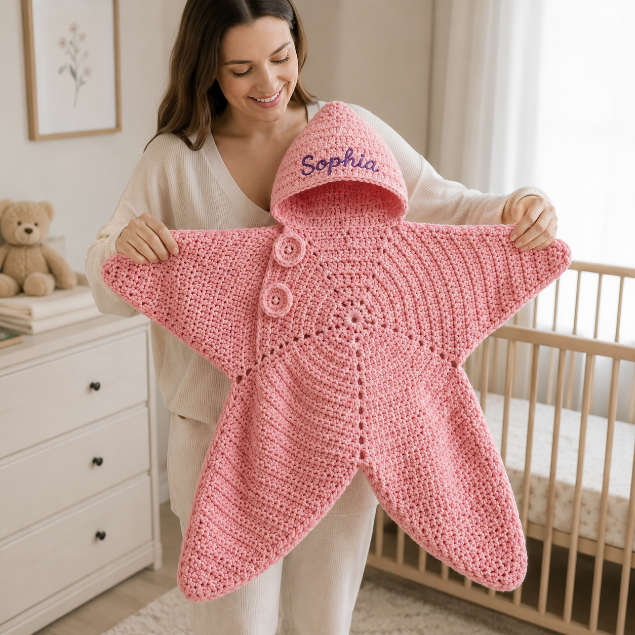 Personalized Crochet Star Baby Cocoon with Hood, Custom Name Newborn Swaddle, Baby Shower Gift