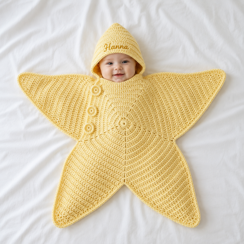 Personalized Crochet Star Baby Cocoon with Hood, Custom Name Newborn Swaddle, Baby Shower Gift