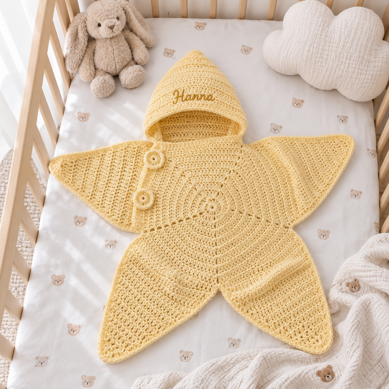 Personalized Crochet Star Baby Cocoon with Hood, Custom Name Newborn Swaddle, Baby Shower Gift