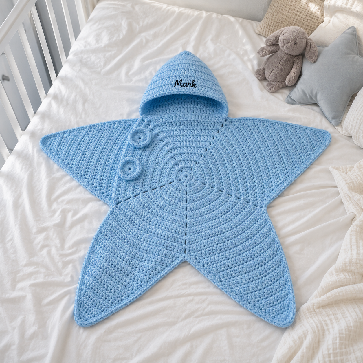 Personalized Crochet Star Baby Cocoon with Hood, Custom Name Newborn Swaddle, Baby Shower Gift